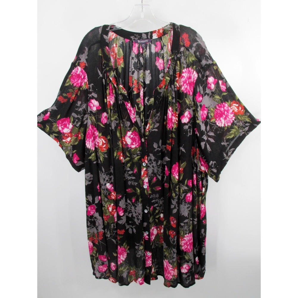 Roaman's Women 44W Black Floral Crinkle Rayon Midi Kaftan Button Up Dress